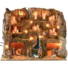 Presepe illuminato completo di statue Landi con paesaggio e 2