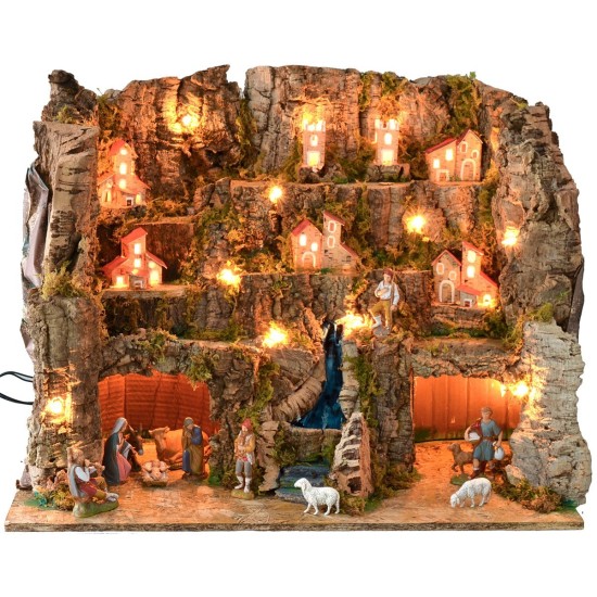 Belén iluminado completo con estatuas Landi con paisaje y