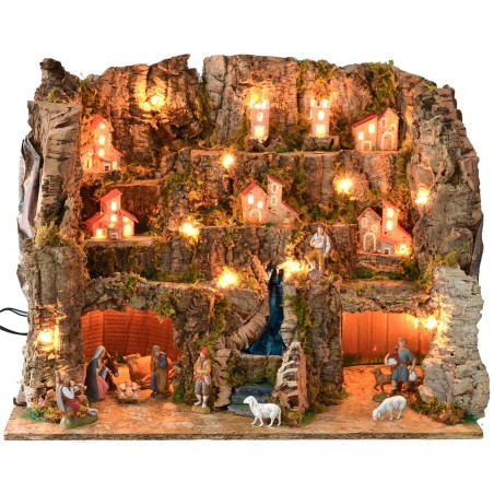 Belén iluminado completo con estatuas Landi con paisaje y
