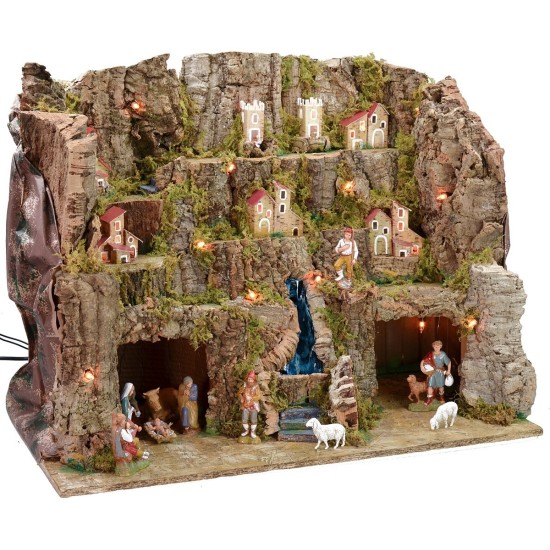 Belén iluminado completo con estatuas Landi, con paisaje y