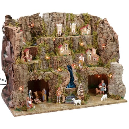 Presepe illuminato completo di statue Landi con paesaggio e