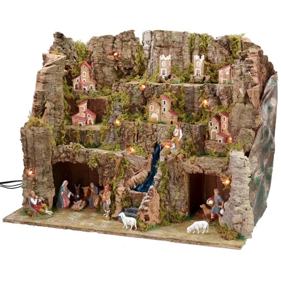 Illuminated nativity scene complete with Landi statues with