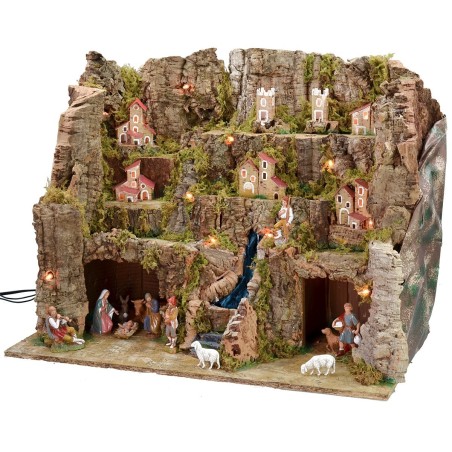 Presepe illuminato completo di statue Landi con paesaggio e