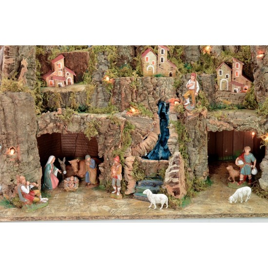 Presepe illuminato completo di statue Landi con paesaggio e
