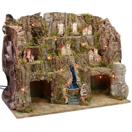 Presepe illuminato con paesaggio e cascata funzionante cm