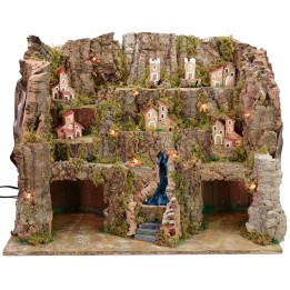 Illuminated nativity scene with landscape and working waterfall cm