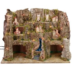 Illuminated nativity scene with landscape and working waterfall cm
