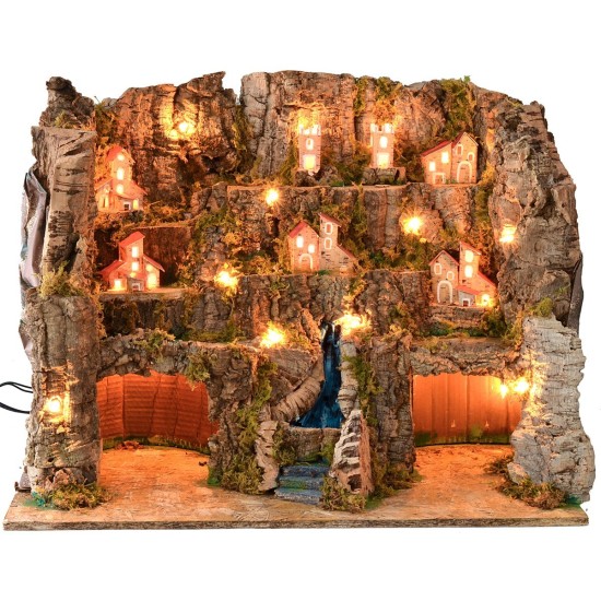Presepe illuminato con paesaggio e cascata funzionante cm