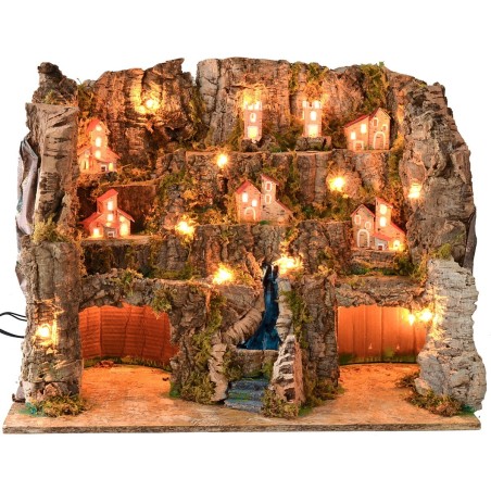 Illuminated nativity scene with landscape and working waterfall cm