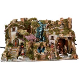 Illuminated nativity scene complete with Landi statues and double waterfall