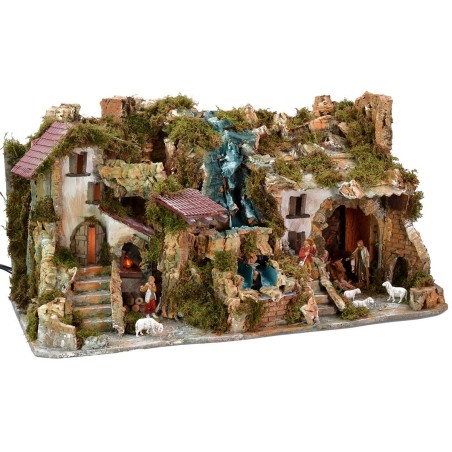 Illuminated nativity scene complete with Landi statues and double waterfall