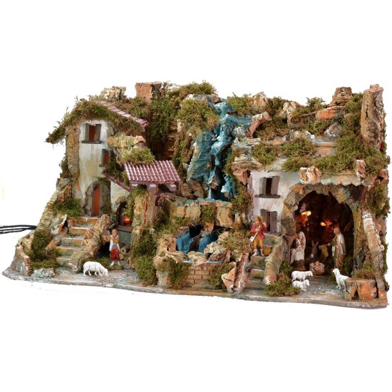 Presepe illuminato completo di statue Landi con doppia cascata