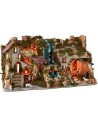 Illuminated nativity scene complete with Landi statues and double waterfall