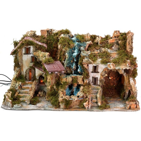 Illuminated nativity scene with double waterfall and working fire cm