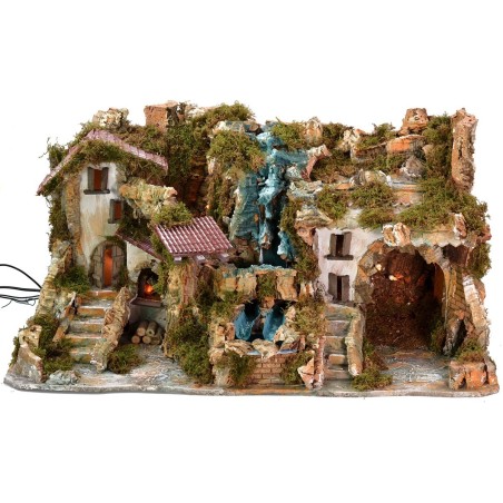 Illuminated nativity scene with double waterfall and working fire cm