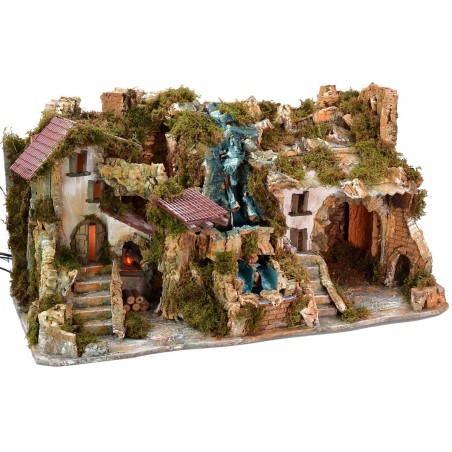 Presepe illuminato con doppia cascata e fuoco funzionante cm