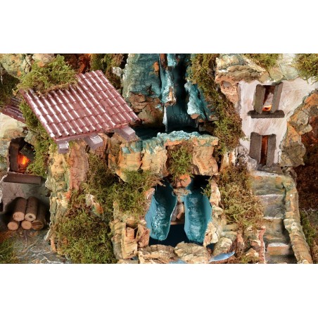 Presepe illuminato con doppia cascata e fuoco funzionante cm