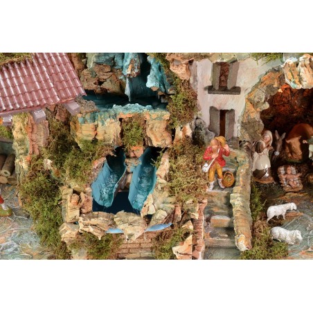 Presepe illuminato completo di statue Landi con doppia cascata