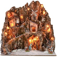 Illuminated nativity scene complete with Landi statues and windmill 2