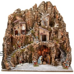 Belén iluminado completo con estatuas Landi, con molino de
