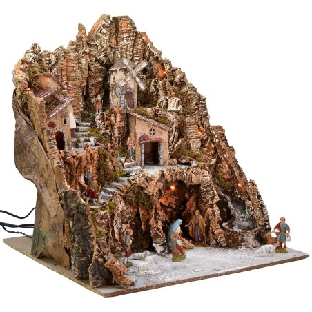 Illuminated nativity scene complete with Landi statues with