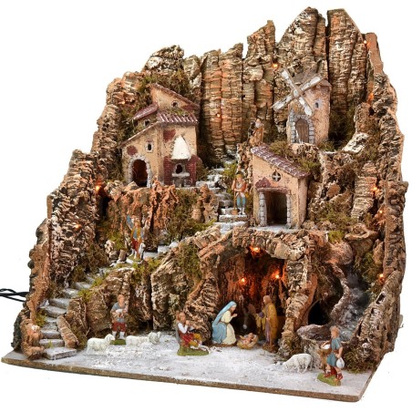 Illuminated nativity scene complete with Landi statues with