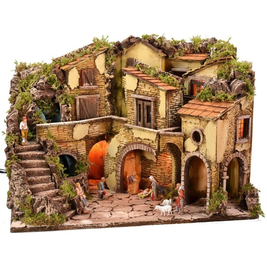 Belén iluminado completo con estatuas Landi y cascada funcional