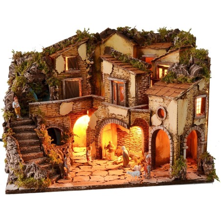 Illuminated nativity scene complete with Landi statues with