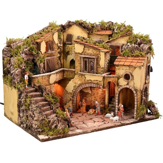 Illuminated nativity scene complete with Landi statues with