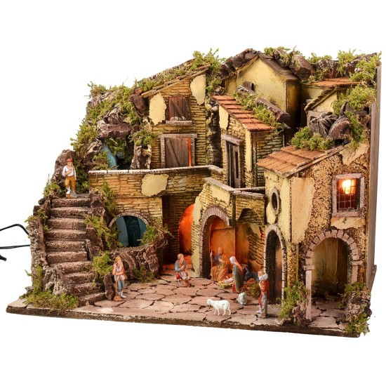 Presepe illuminato completo di statue Landi con cascata