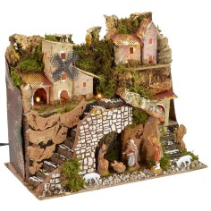 Natividad iluminada completa con estatuas Landi con pueblo y 2