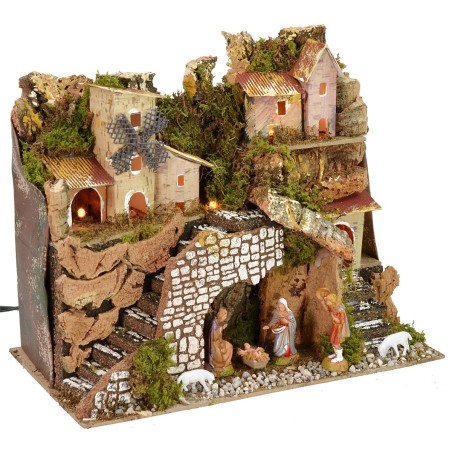 Natividad iluminada completa con estatuas Landi con pueblo y