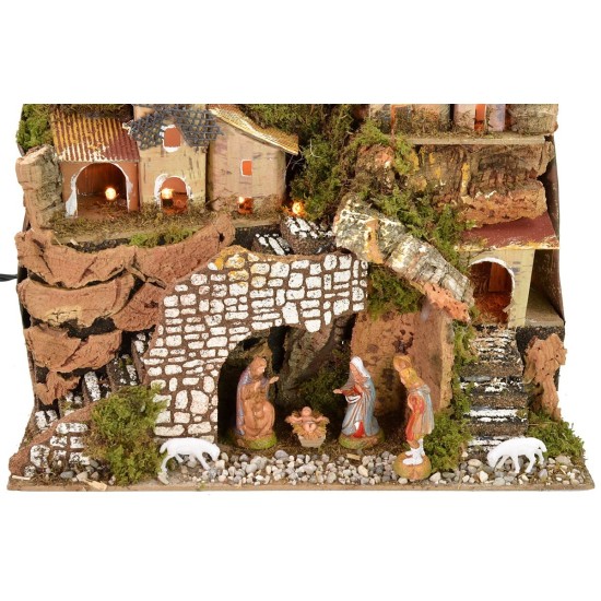 Natividad iluminada completa con estatuas Landi con pueblo y