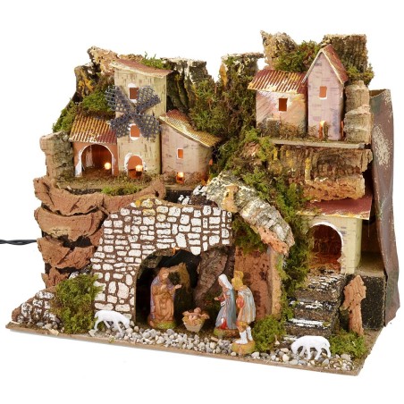 Natividad iluminada completa con estatuas Landi con pueblo y