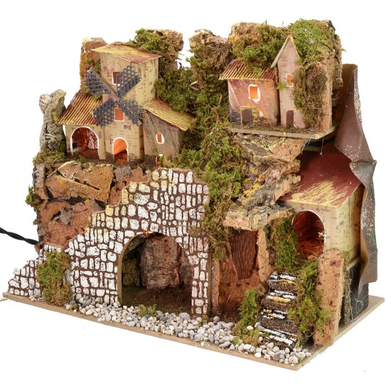 Belén iluminado con pueblo y paisaje de 28x15x23 cm h Mondo.