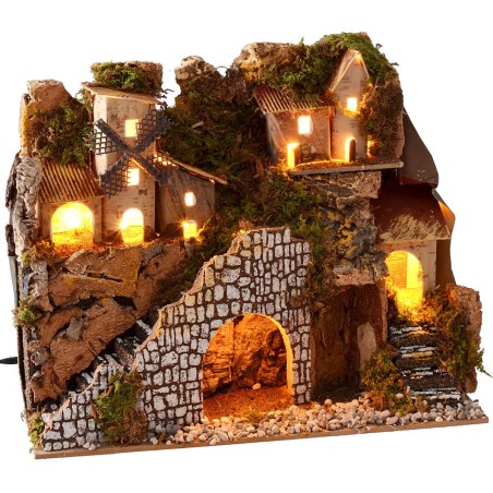 Belén iluminado con pueblo y paisaje de 28x15x23 cm h