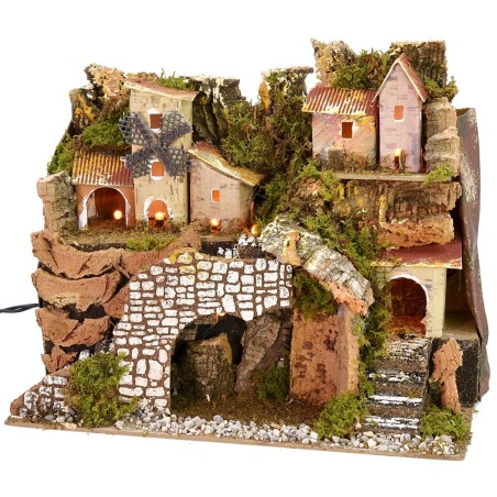 Presepe illuminato con borgo in lontananza cm 28x15x23 h Mondo