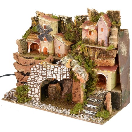 Presepe illuminato con borgo in lontananza cm 28x15x23 h Mondo
