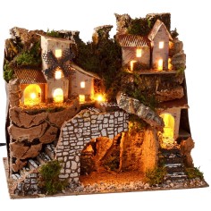 Presepe illuminato con borgo in lontananza cm 28x15x23 h Mondo 2