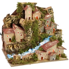 Paesaggio illuminato con ruscello e borgo in lontananza cm