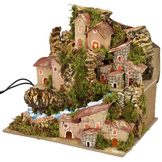 Paisaje iluminado con arroyo y pueblo en la distancia cm