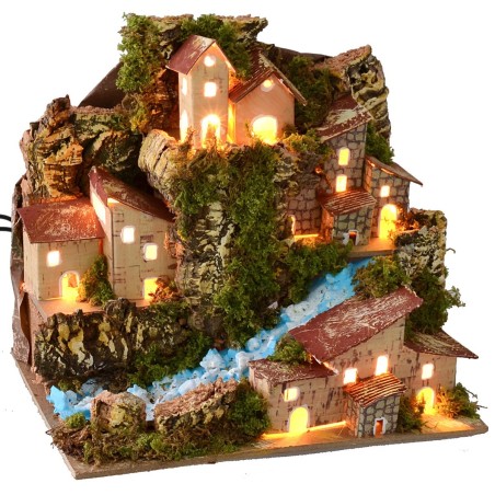 Illuminated landscape with stream and village in the distance