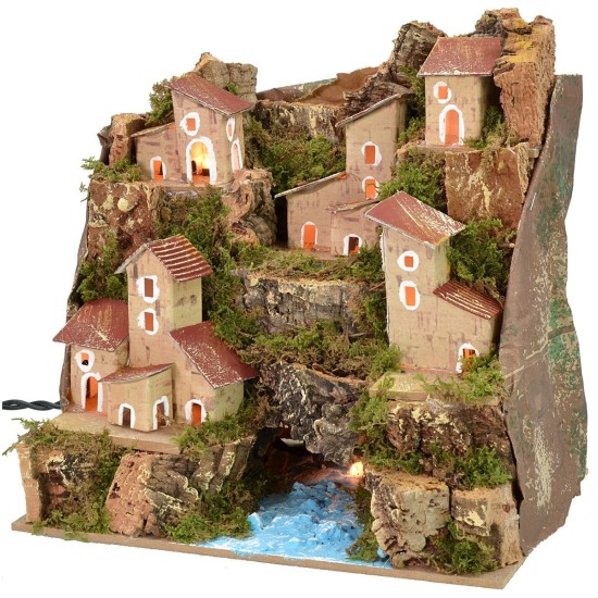 Paisaje iluminado con río y pueblo cm 20x14x18,5 h