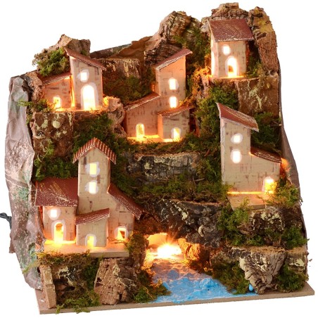 Paisaje iluminado con río y pueblo cm 20x14x18,5 h