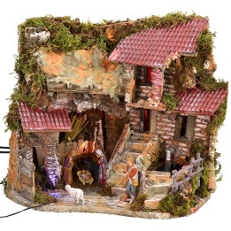 Pesebre iluminado completo con estatuas Landi y fuente