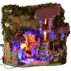 Illuminated nativity scene complete with Landi statues with 2