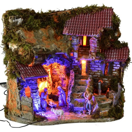 Illuminated nativity scene complete with Landi statues with