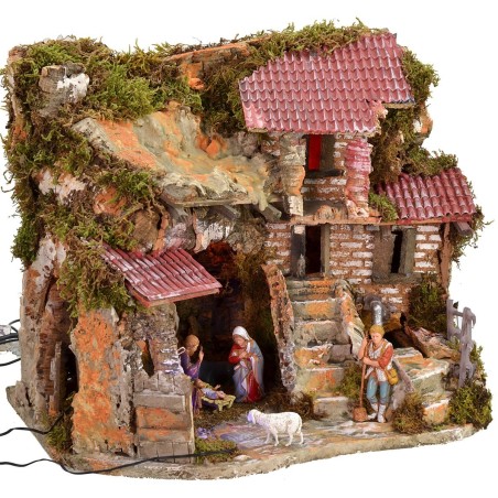 Pesebre iluminado completo con estatuas Landi y fuente