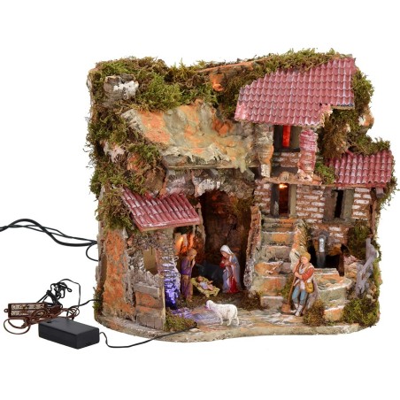 Illuminated nativity scene complete with Landi statues with