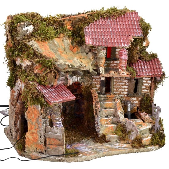 Illuminated nativity scene with functioning fountain and